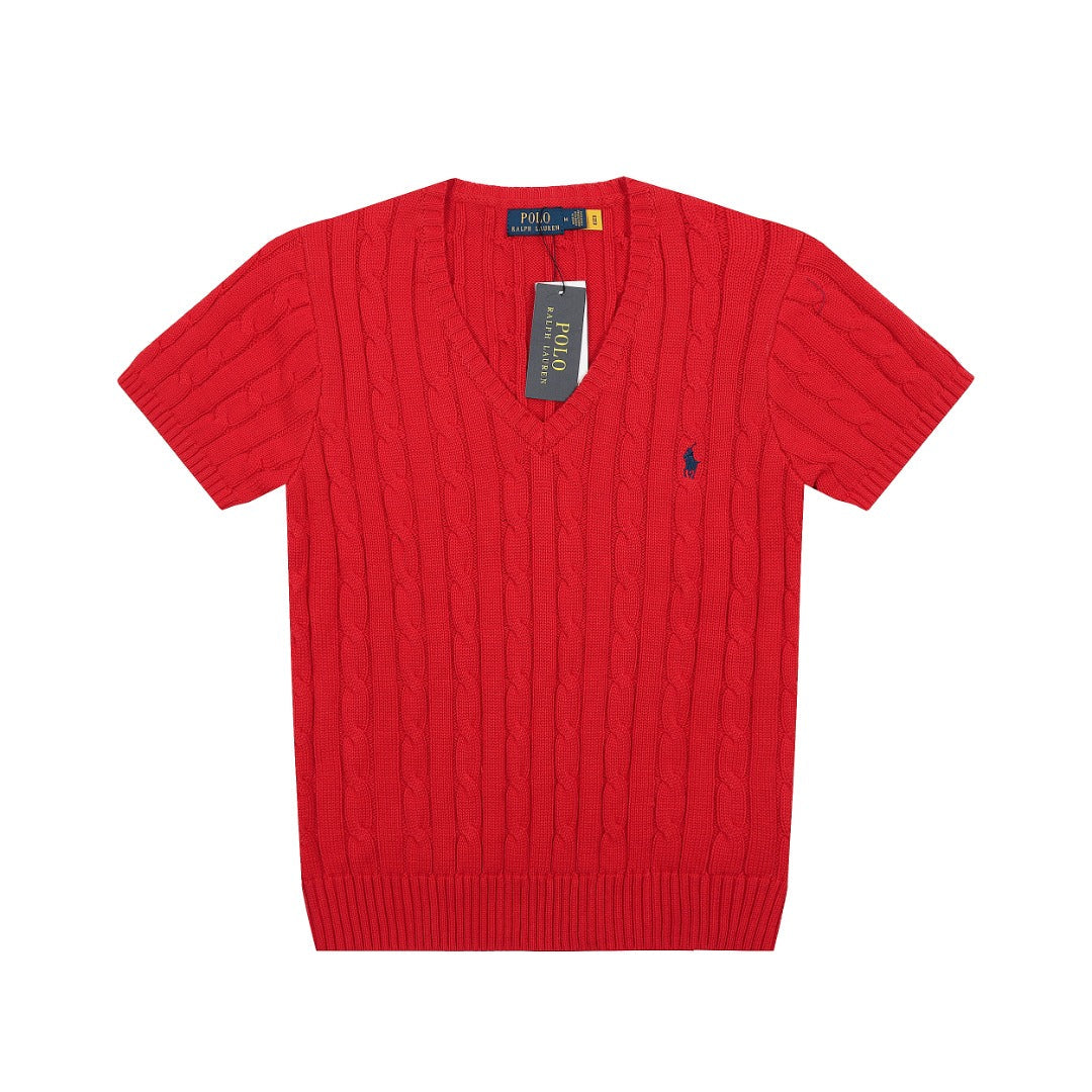 Ralph Lauren V Yaka Saç Örgülü Kısa Kollu Kazak – DS029
